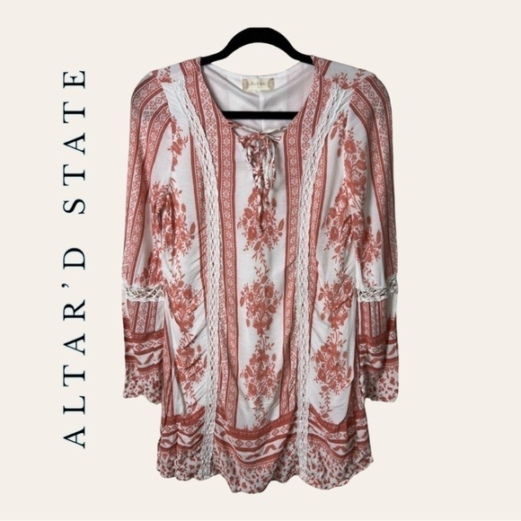 0891. ALTAR’D STATE LONG SLEEVE DRESS MINI LENGTH SIZE‎ SMALL ORANGE/WHITE - Picture 1 of 9